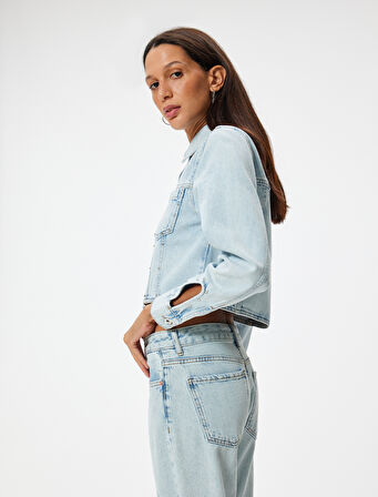 Crop Kot Ceket Cep Detaylı Düğmeli Rahat Kesim Gömlek Yaka