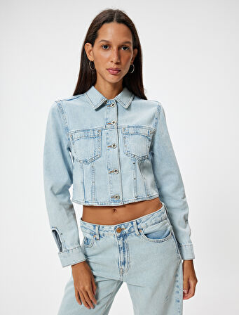 Crop Kot Ceket Cep Detaylı Düğmeli Rahat Kesim Gömlek Yaka