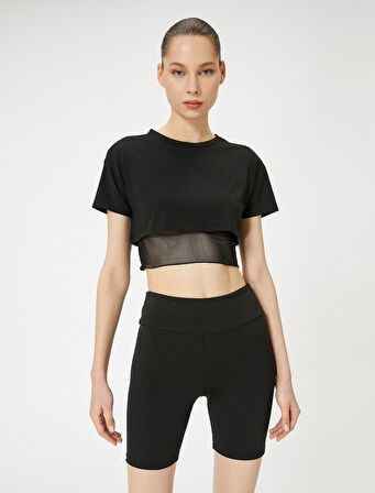 Spor Crop Tişört Tül Detaylı Kısa Kollu Bisiklet Yaka 