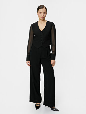 Blazer Yelek Şifon Kollu Düğmeli Fleto Cepli V Yaka