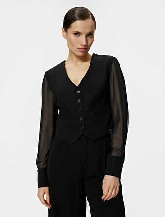 Blazer Yelek Şifon Kollu Düğmeli Fleto Cepli V Yaka