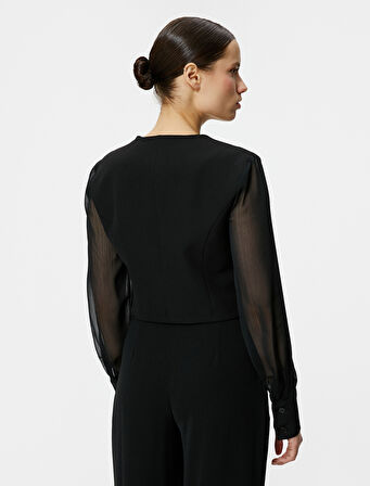 Blazer Yelek Şifon Kollu Düğmeli Fleto Cepli V Yaka