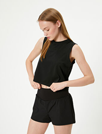 Spor Crop Kolsuz Tişört Bisiklet Yaka Rahat Kalıp