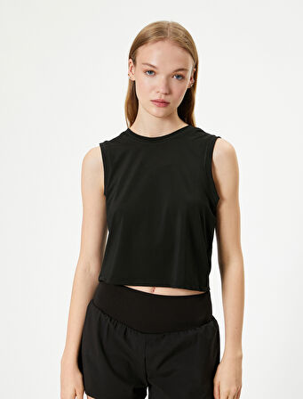 Spor Crop Kolsuz Tişört Bisiklet Yaka Rahat Kalıp