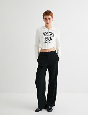 Crop Fermuarlı Kapüşonlu Sweatshirt Kolej Temalı Uzun Kollu Slim Fit 