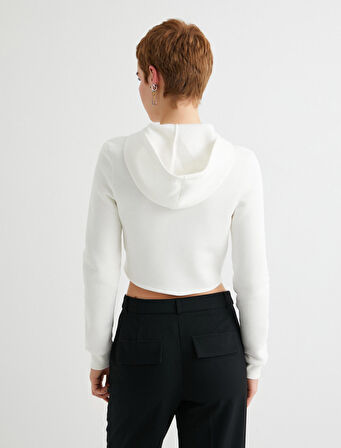 Crop Fermuarlı Kapüşonlu Sweatshirt Kolej Temalı Uzun Kollu Slim Fit 