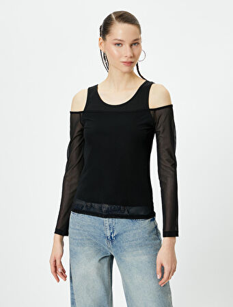 Çift Kumaş Kullanımlı Tül Tişört Uzun Kollu Slim Fit 