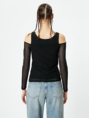 Çift Kumaş Kullanımlı Tül Tişört Uzun Kollu Slim Fit 
