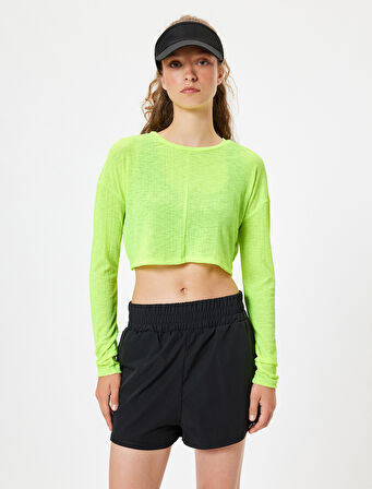 Spor Kaşkorse Crop Tişört Uzun Kollu Bisiklet Yaka Sırt Detaylı Rahat Kalıp