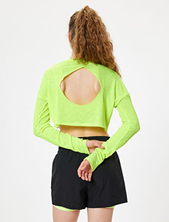 Spor Kaşkorse Crop Tişört Uzun Kollu Bisiklet Yaka Sırt Detaylı Rahat Kalıp