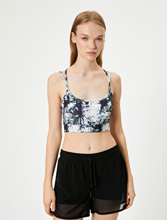 Sporcu Sütyeni Çapraz Askılı Kaplı U Yaka Soyut Desenli Slim Fit