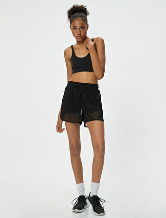 Tül Detaylı Yüksek Bel Beli Bağcıklı Spor Şort