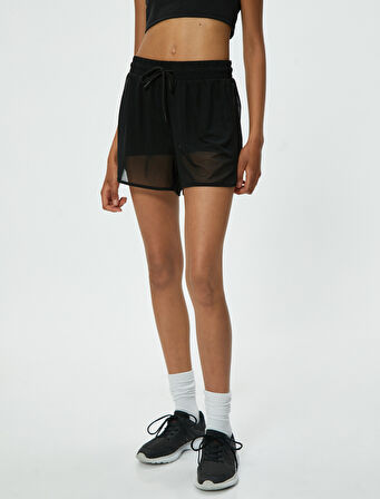 Tül Detaylı Yüksek Bel Beli Bağcıklı Spor Şort