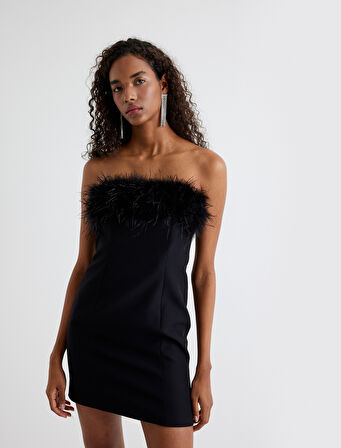 Tüylü Straplez Mini Elbise Vücuda Oturan Kalıp