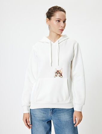 Oversize Kapüşonlu Sweatshirt Cep Detaylı Kedi Nakışlı