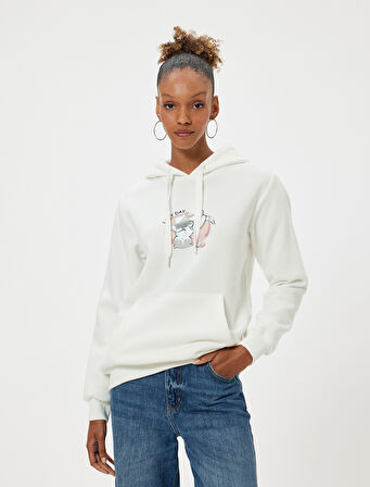 Oversize Kapüşonlu Sweatshirt Kanguru Cep Detaylı Baskılı Şardonlu