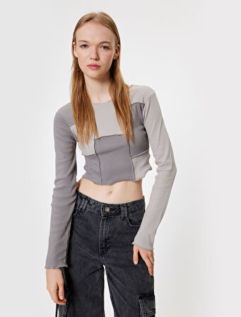 Crop Tişört Uzun Kollu Kaşkorse Renk Bloklu Nervürlü Slim Fit