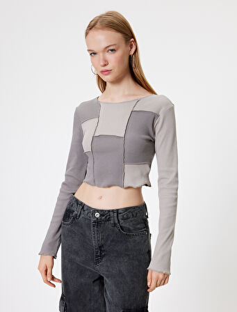 Crop Tişört Uzun Kollu Kaşkorse Renk Bloklu Nervürlü Slim Fit