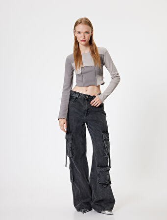 Crop Tişört Uzun Kollu Kaşkorse Renk Bloklu Nervürlü Slim Fit