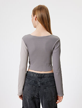 Crop Tişört Uzun Kollu Kaşkorse Renk Bloklu Nervürlü Slim Fit