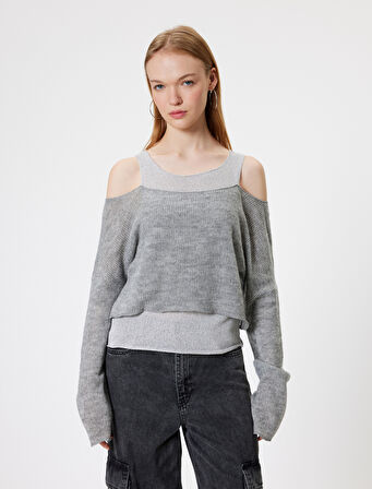 Uzun Kollu Tişört Pencere Detaylı Bisiklet Yaka Renk Bloklu