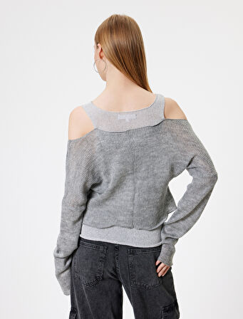 Uzun Kollu Tişört Pencere Detaylı Bisiklet Yaka Renk Bloklu