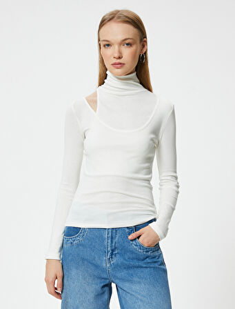 Uzun Kollu Tişört Balıkçı Yaka Pencere Detaylı Viskon Kumaş