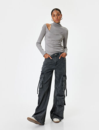 Uzun Kollu Tişört Balıkçı Yaka Pencere Detaylı Viskon Kumaş