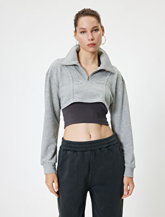 Crop Sweatshirt Oversize Yarım Fermuarlı Dik Yaka Uzun Kollu