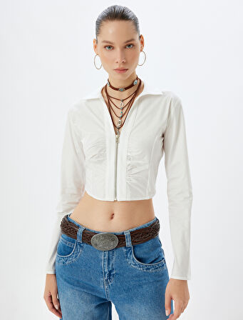 Crop Gömlek Fermuarlı Uzun Kollu Drapeli