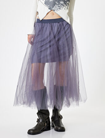 Midi Tütü Etek A Kesim Simli Beli Lastikli Mini Astarlı Rahat Kalıp