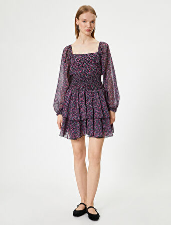 Mini Şifon Elbise Uzun Balon Kol Gipeli Kare Yaka Volanlı 