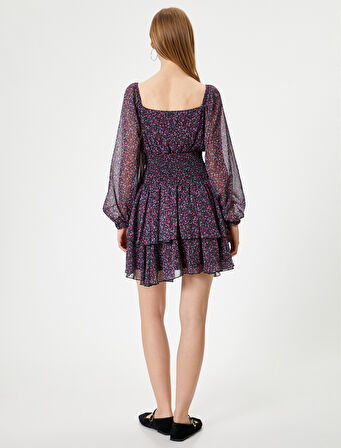 Mini Şifon Elbise Uzun Balon Kol Gipeli Kare Yaka Volanlı 