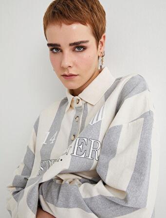 Polo Yaka Oversize Sweatshirt Baskılı Düğmeli Uzun Kollu 