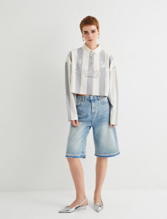 Polo Yaka Oversize Sweatshirt Baskılı Düğmeli Uzun Kollu 