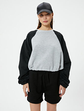 Crop Sweatshirt Renk Bloklu Beli Ayarlanabilir Lastikli Bisiklet Yaka