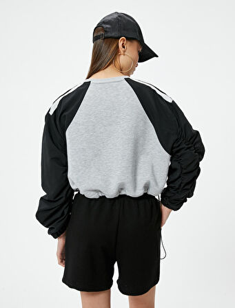 Crop Sweatshirt Renk Bloklu Beli Ayarlanabilir Lastikli Bisiklet Yaka