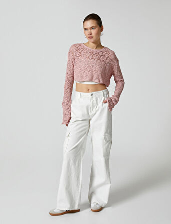 Crop Ajurlu Tişört Geniş Uzun Kollu Bisiklet Yaka Rahat Kalıp