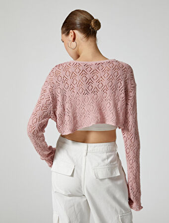 Crop Ajurlu Tişört Geniş Uzun Kollu Bisiklet Yaka Rahat Kalıp