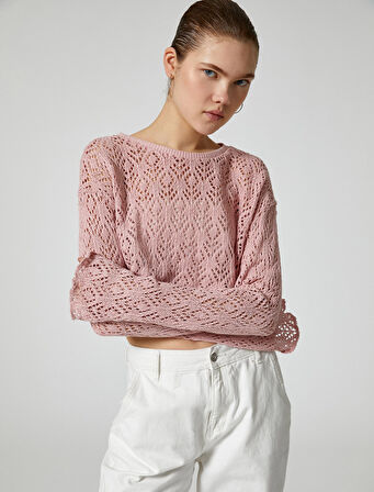 Crop Ajurlu Tişört Geniş Uzun Kollu Bisiklet Yaka Rahat Kalıp