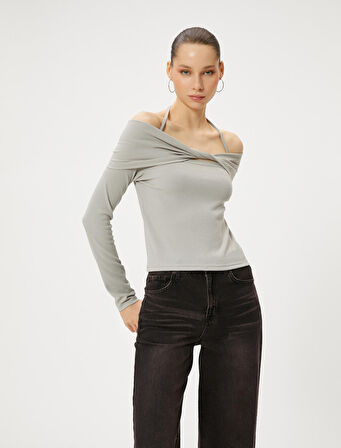 Omzu Açık Tişört Uzun Kollu Fiyonk Detaylı Askı Detaylı Viskoz Kumaş