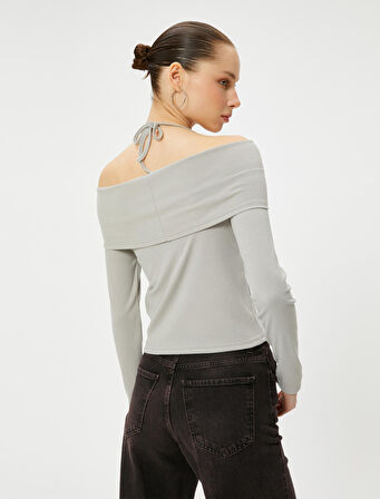 Omzu Açık Tişört Uzun Kollu Fiyonk Detaylı Askı Detaylı Viskoz Kumaş