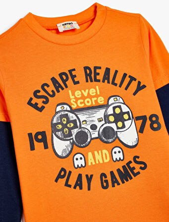 Tişört Oyun Temalı Uzun Kollu Bisiklet Yaka Pamuklu