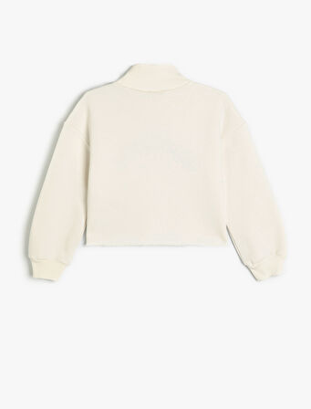 Crop Oversize Kolej Sweatshirt Dik Yaka Şardonlu