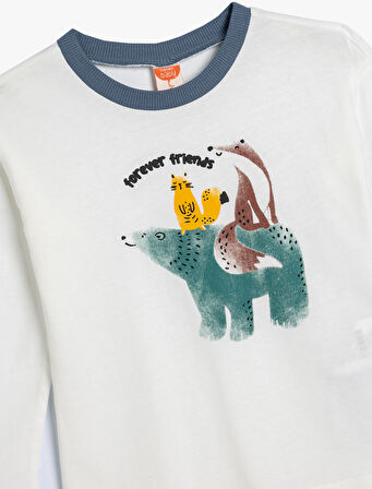 Tişört Hayvanlar Baskılı Uzun Kollu Bisiklet Yaka Pamuklu