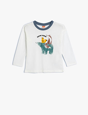 Tişört Hayvanlar Baskılı Uzun Kollu Bisiklet Yaka Pamuklu