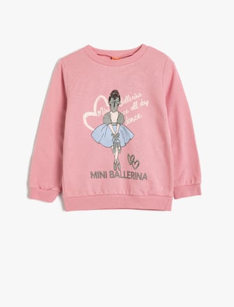 Sweatshirt Balerin Baskılı Sim Detaylı Bisiklet Yaka Uzun Kollu 