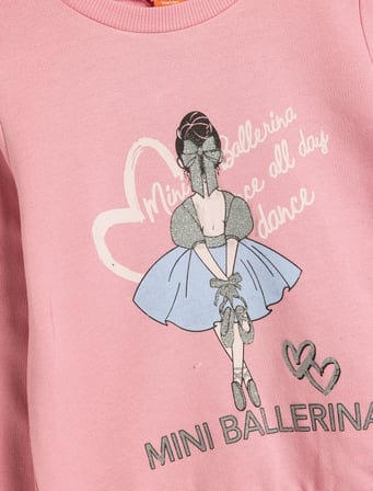 Sweatshirt Balerin Baskılı Sim Detaylı Bisiklet Yaka Uzun Kollu 