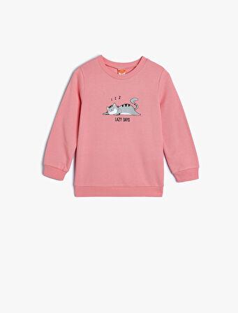 Sweatshirt Kedi Baskılı Bisiklet Yaka Pamuklu Şardonlu