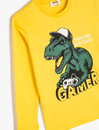 Tişört Dinozor Baskılı Uzun Kollu Bisiklet Yaka Pamuklu